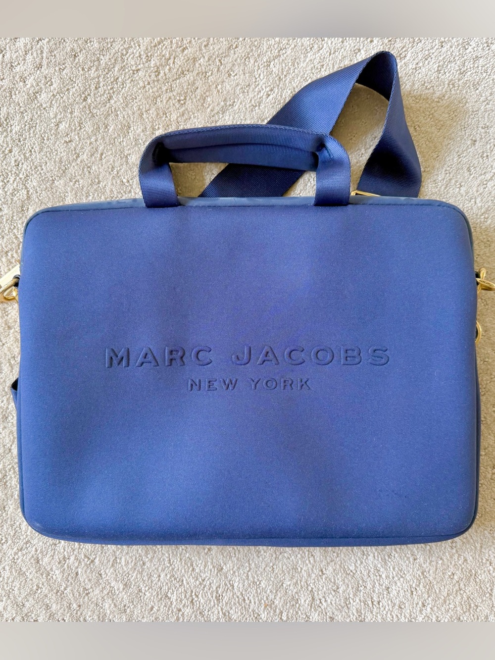Marc Jacobs Blue Laptop Bag with Embossed Logo and Gokf hardware